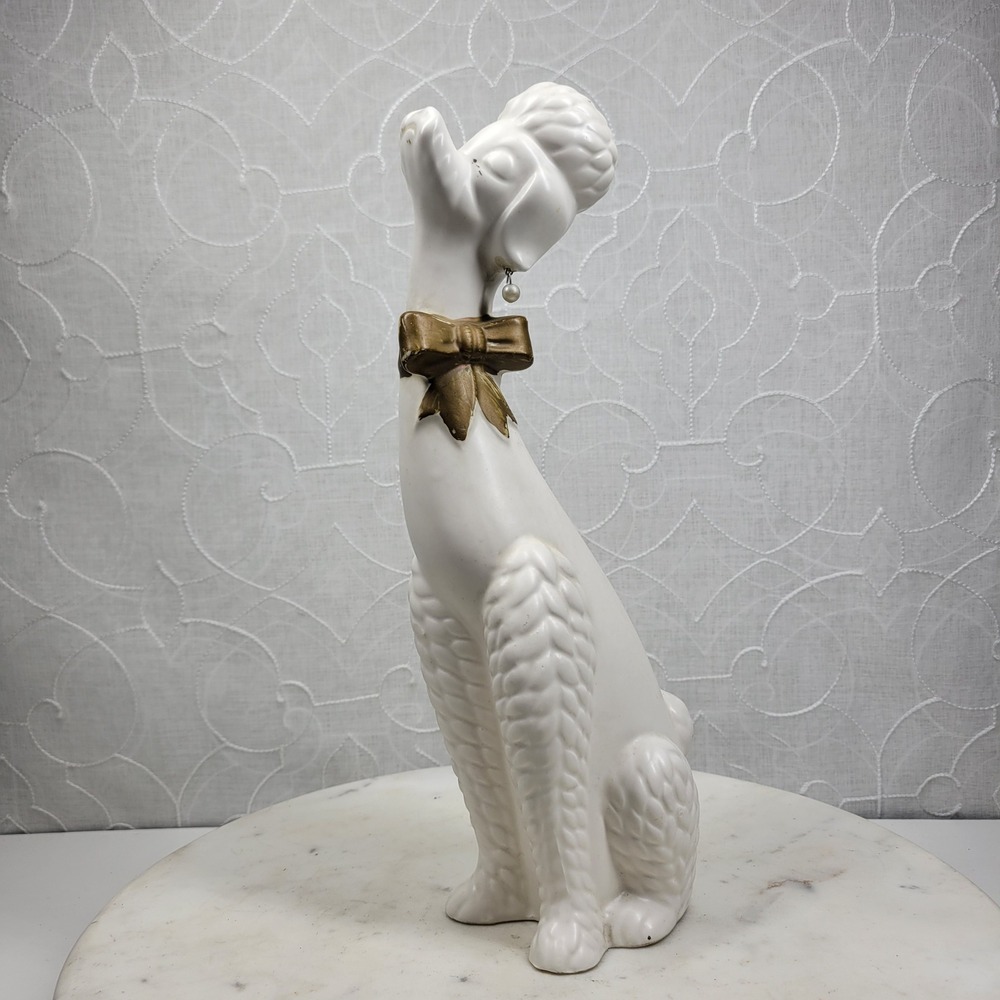VTG Napcoware Long Neck Ceramic Poodle Pearl Earrings Gold Bow Japan MCM Kitsch